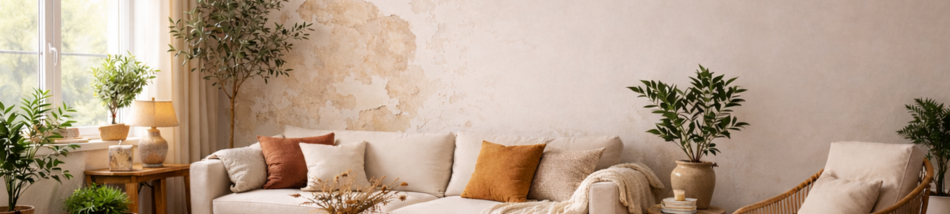 Sala de estar clara e aconchegante com sofá bege, almofadas decorativas e plantas. Ao fundo, uma parede apresenta áreas com tinta descascando e manchas, ilustrando desgaste na pintura causado por preparação inadequada da superfície.