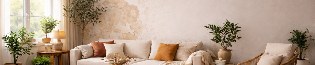 Sala de estar clara e aconchegante com sofá bege, almofadas decorativas e plantas. Ao fundo, uma parede apresenta áreas com tinta descascando e manchas, ilustrando desgaste na pintura causado por preparação inadequada da superfície.