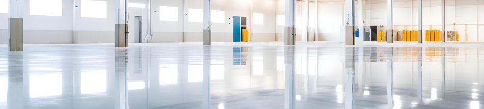 Piso industrial amplo com acabamento epóxi brilhante e superfície resistente em área de grande circulação.