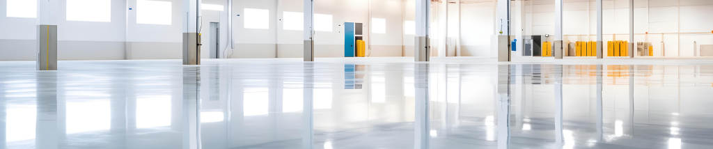 Piso industrial amplo com acabamento epóxi brilhante e superfície resistente em área de grande circulação.