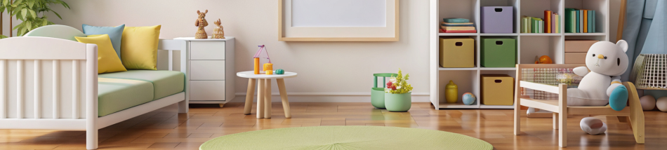 Quarto infantil organizado com móveis claros e decoração acolhedora, representando ambientes fáceis de limpar e manter no dia a dia.
