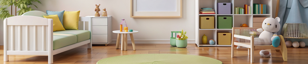 Quarto infantil organizado com móveis claros e decoração acolhedora, representando ambientes fáceis de limpar e manter no dia a dia.