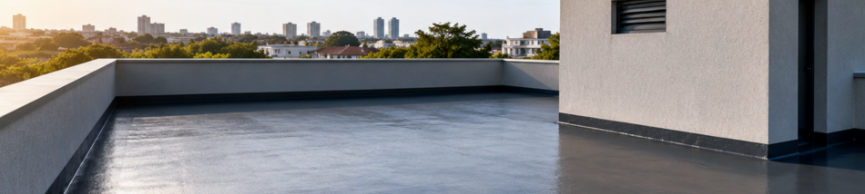 Laje exposta residencial ampla e totalmente impermeabilizada com acabamento cinza escuro brilhante e muretas protegidas contra infiltrações.