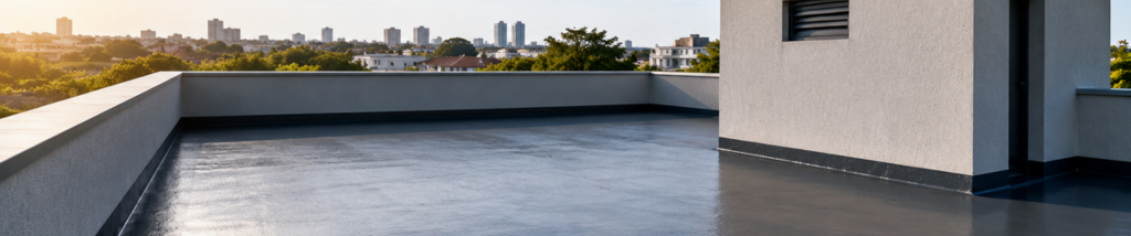 Laje exposta residencial ampla e totalmente impermeabilizada com acabamento cinza escuro brilhante e muretas protegidas contra infiltrações.