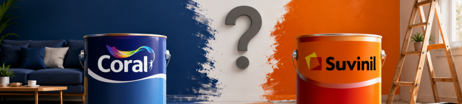 Lata de tinta Coral azul e lata de tinta Suvinil laranja em destaque lado a lado com um ponto de interrogação na parede ao fundo durante uma reforma de sala.