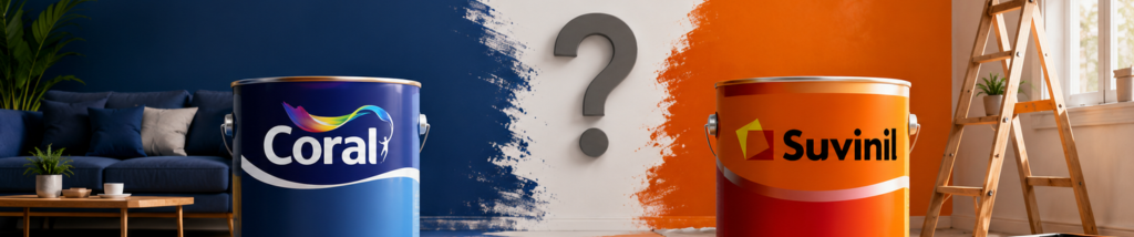 Lata de tinta Coral azul e lata de tinta Suvinil laranja em destaque lado a lado com um ponto de interrogação na parede ao fundo durante uma reforma de sala.